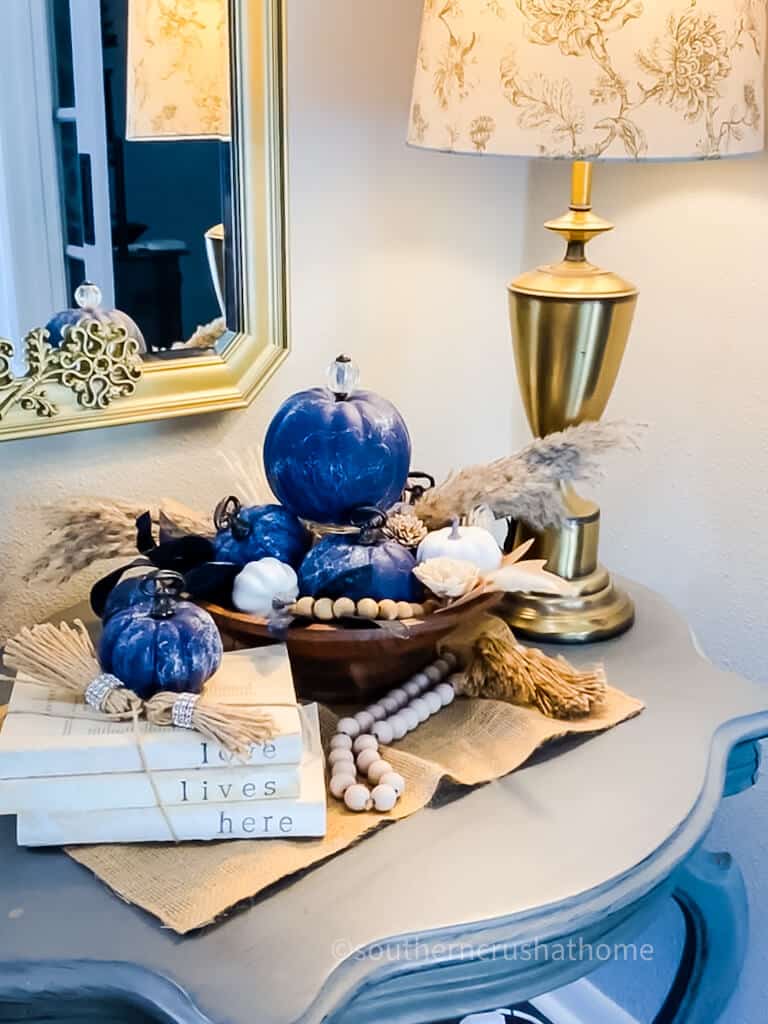 blue pumpkins on entry table