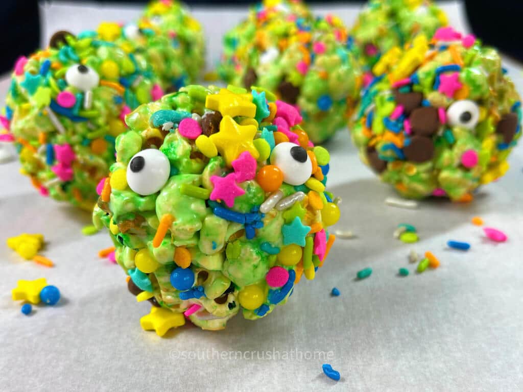 close up of monster popcorn ball