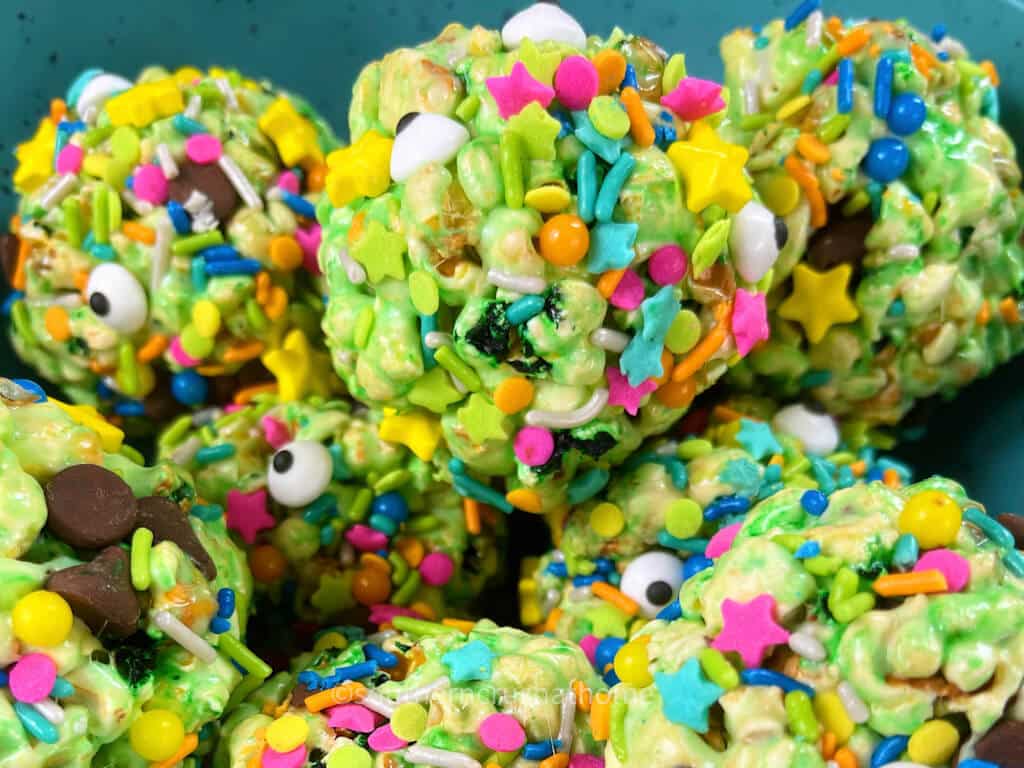 stack of green monster popcorn balls