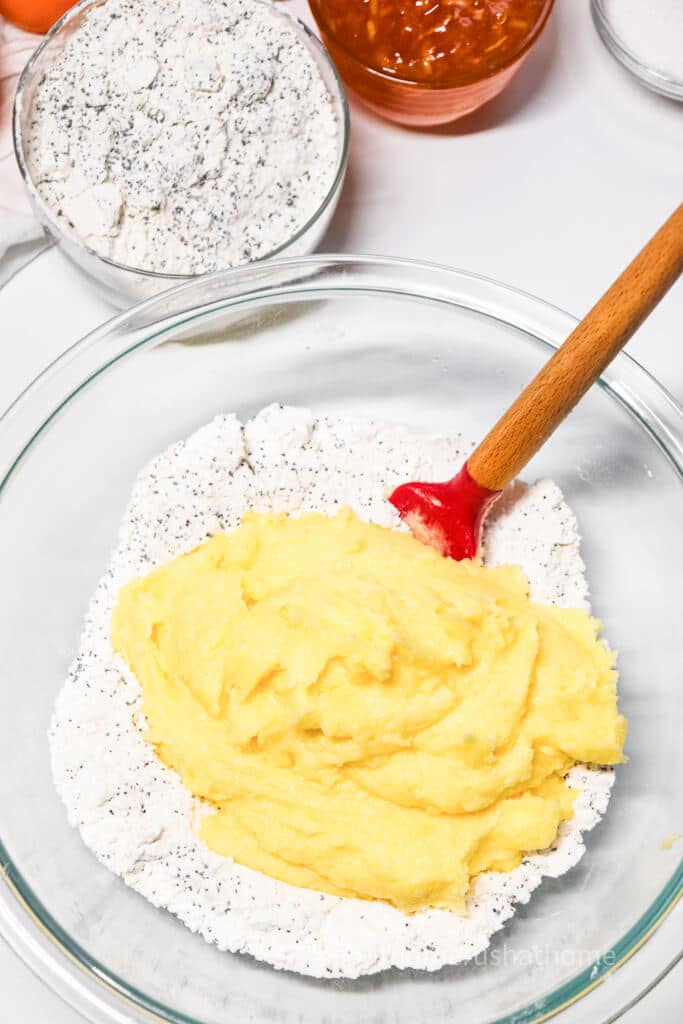 combining ingredients for Poppy Seed Cake