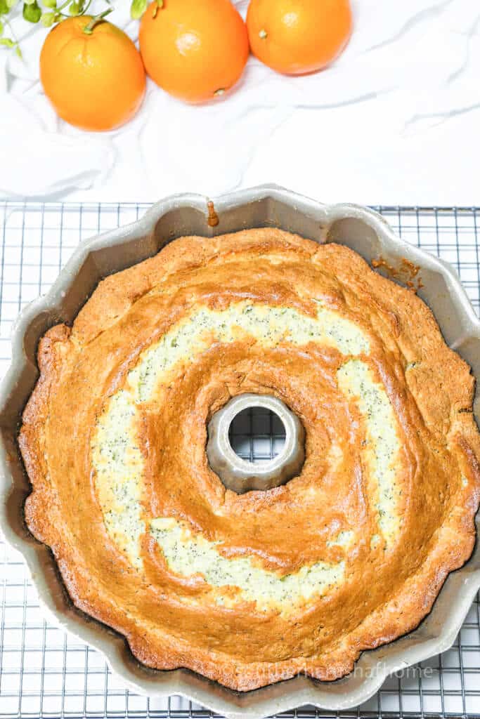 baked Poppy Seed Cake in bundt cake pan