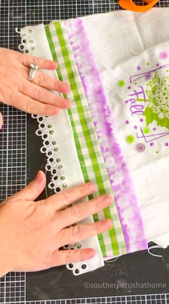 adding trim to flour sack towel