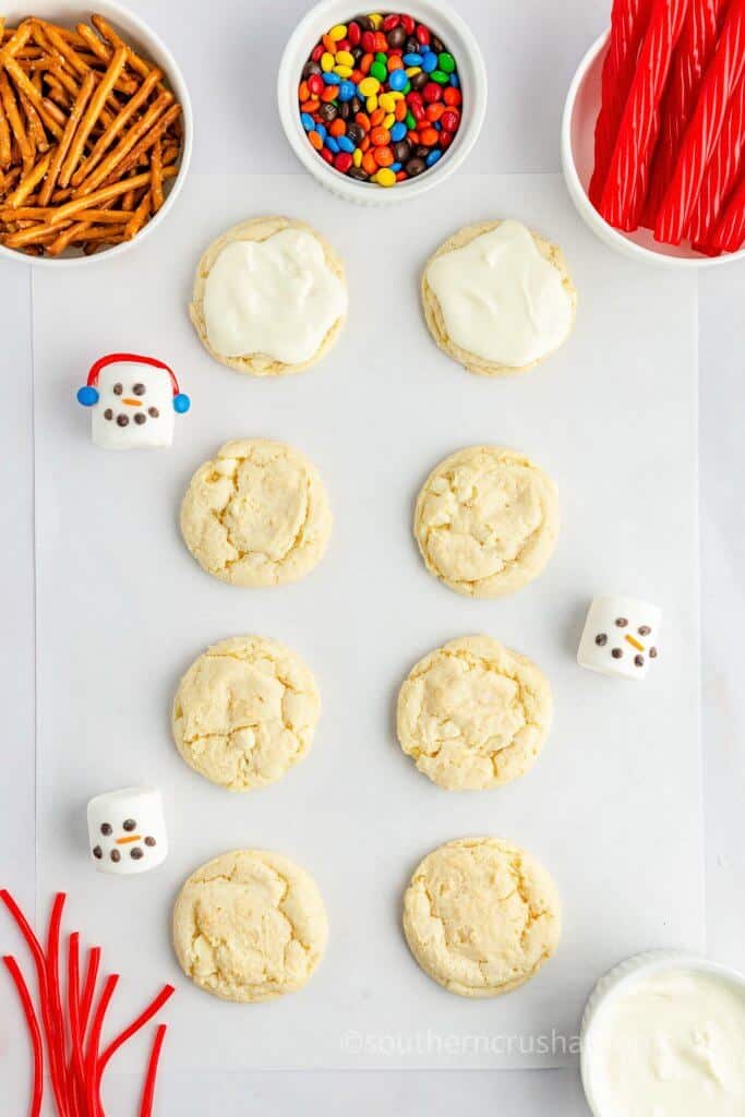 melted icing on snowman cookies