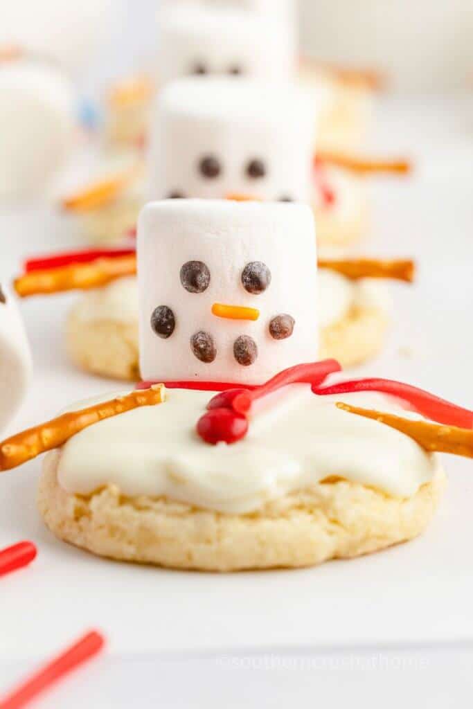 closeup of Melted Snowman Cookies