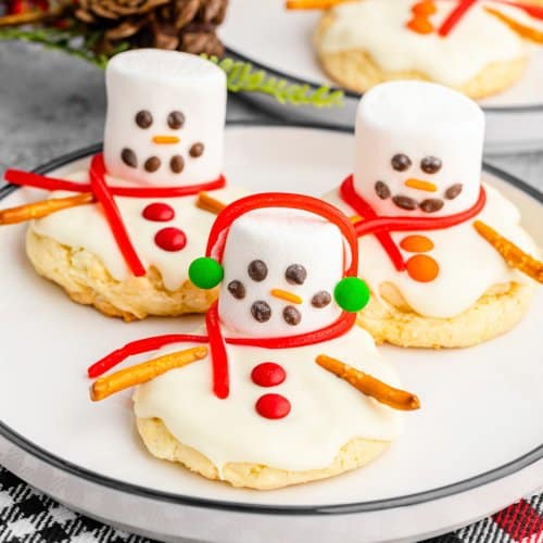 closeup of Melted Snowman Cookies on a plate