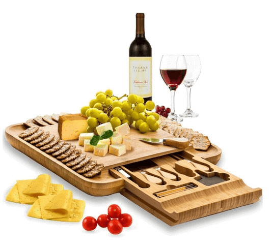 wooden charcuterie board with knife set