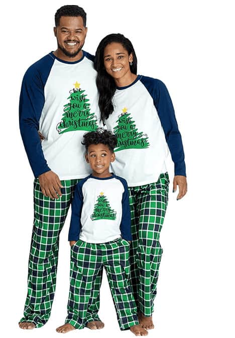 blue and green plaid matching pajama pants with christmas tree top