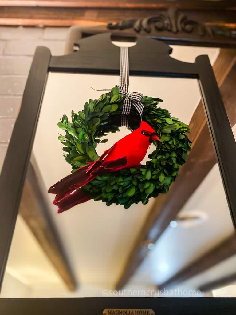 red cardinal on wreath in front of a mirror