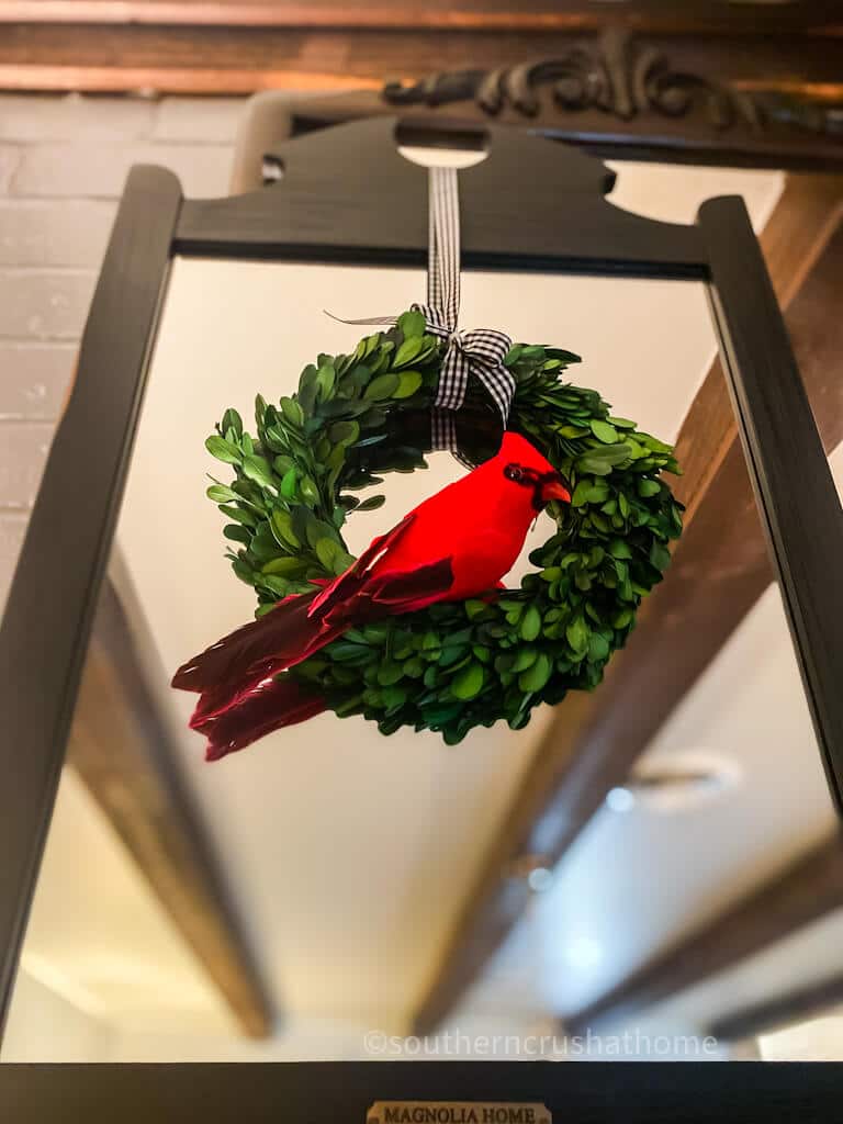 red cardinal on wreath in front of a mirror