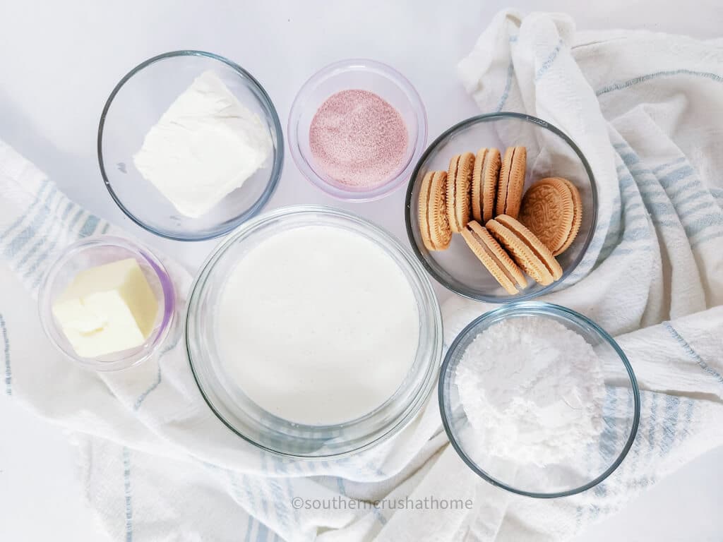 ingredients for frosting and topping for copycat crumbl strawberry cookies