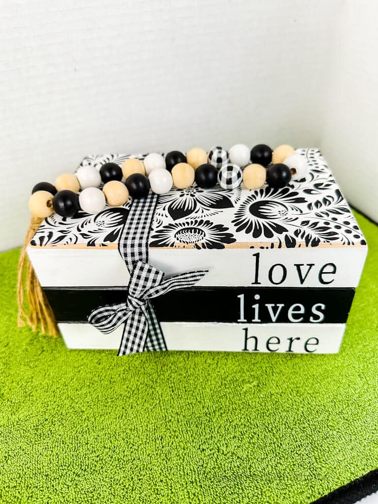 black and white farmhouse book stack