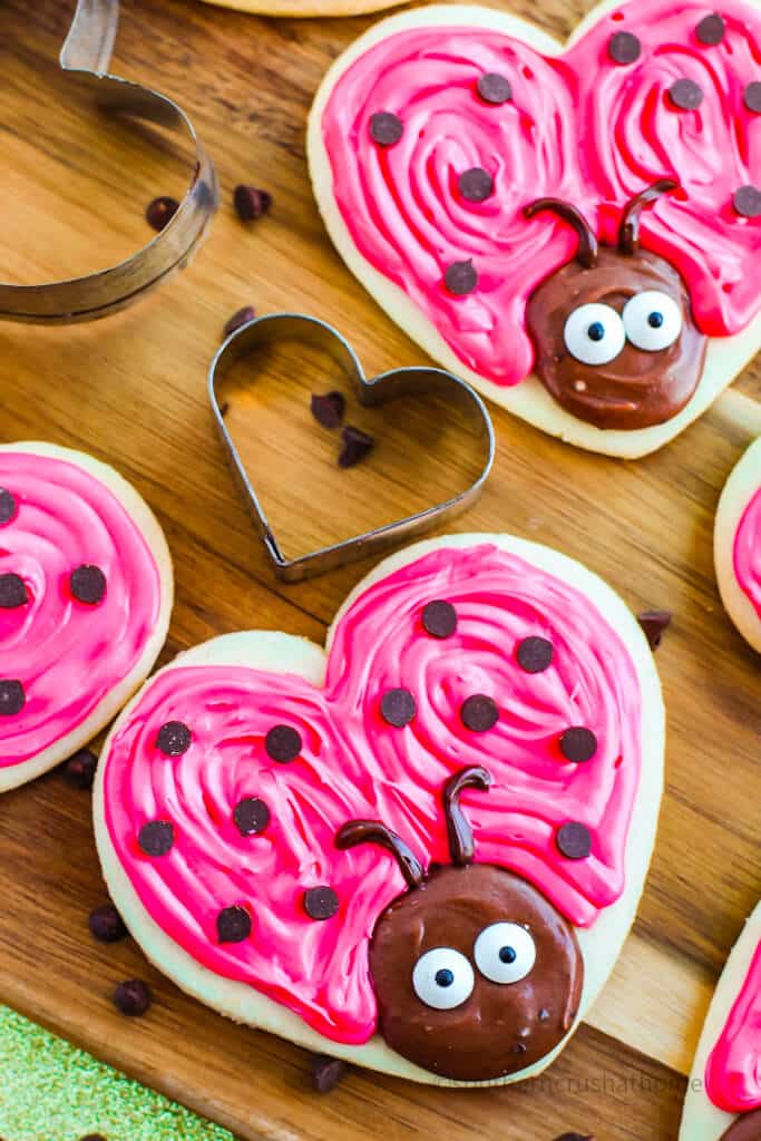 overhead view of heart shaped valentines cookies