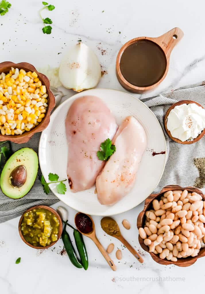 overhead view of white chicken chili ingredients