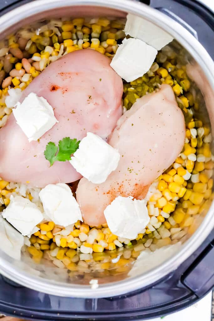 overhead view of raw chicken in instant pot