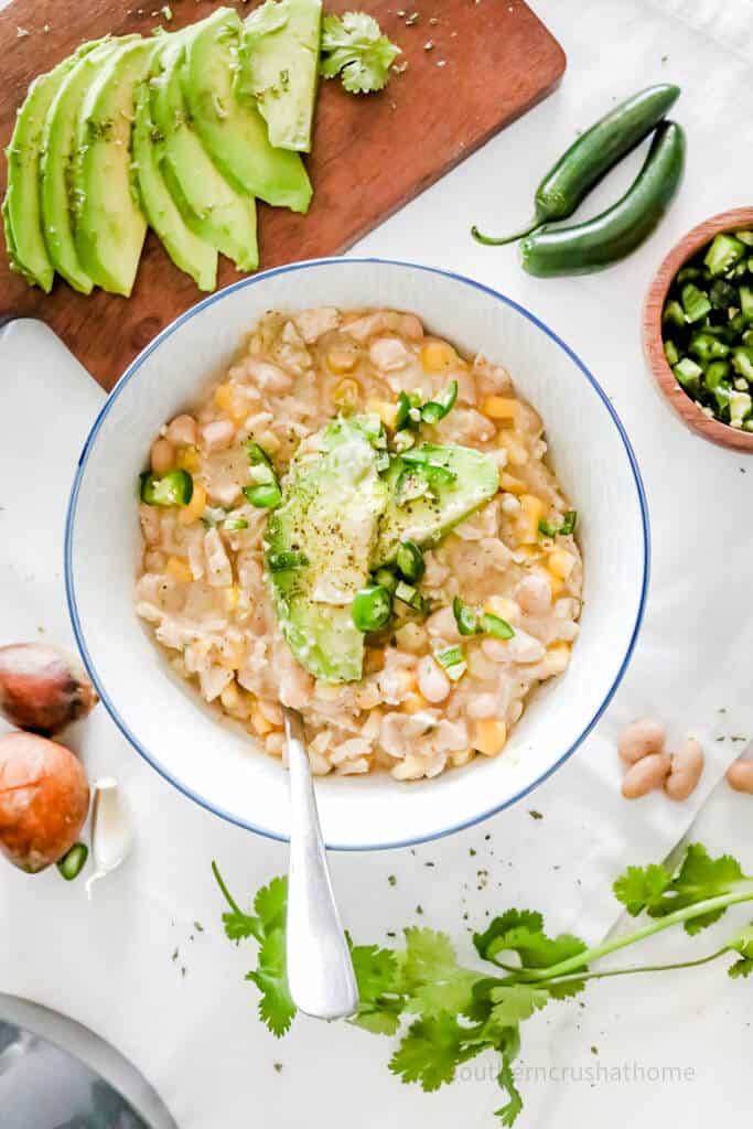 overhead view of white chicken chili