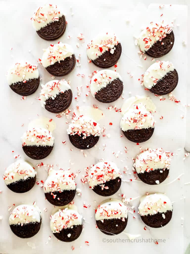 rows of peppermint white chocolate covered oreos