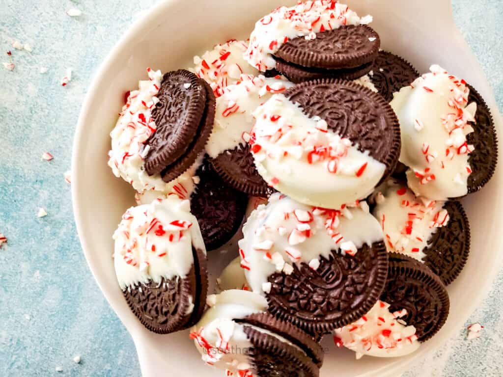 bowl view of white chocolate covered oreos