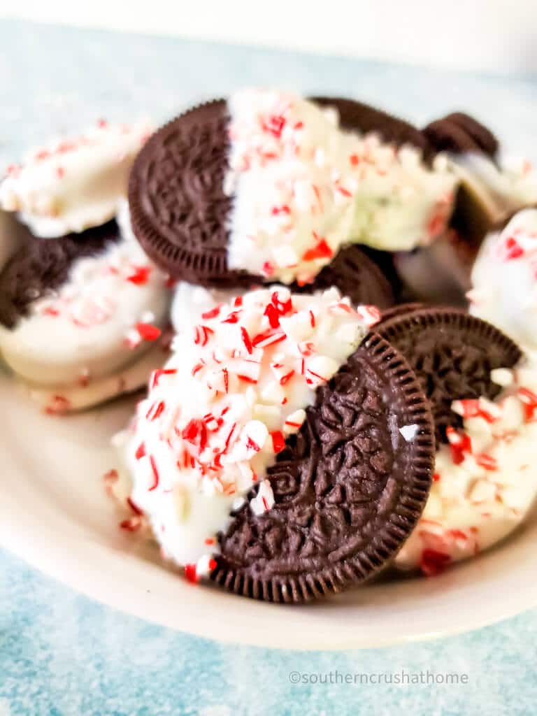 close up of white chocolate covered oreos with peppermint candies