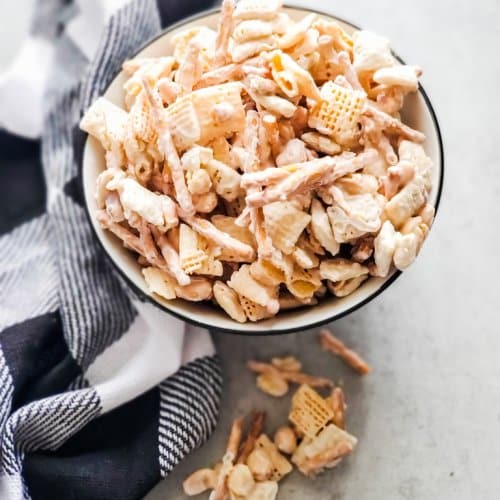 black and white check towel and bowl of chex mix