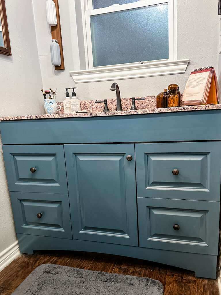 front view of howt to paint bathroom cabinets