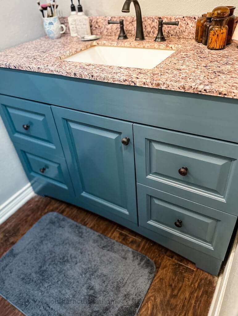 overhead view of painted bathroom cabinets