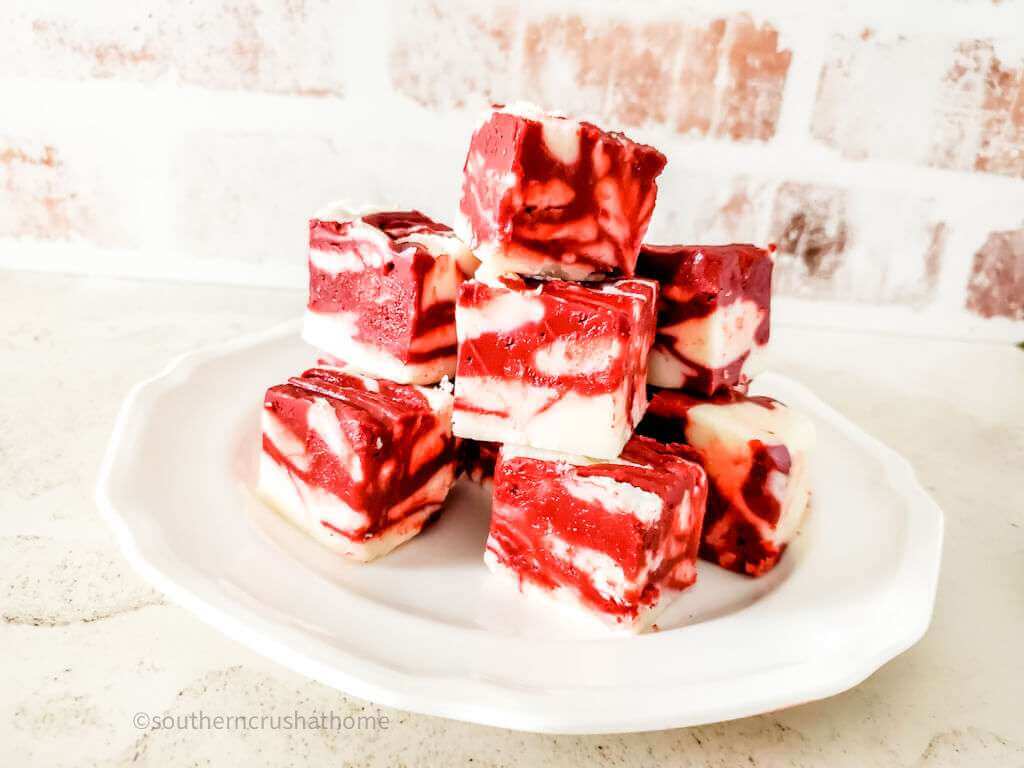 plate of stacked Red Velvet Fudge