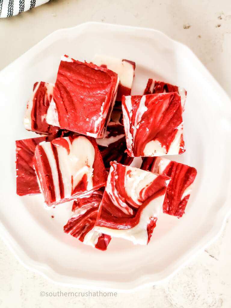 overhead view of red velvet fudge pieces