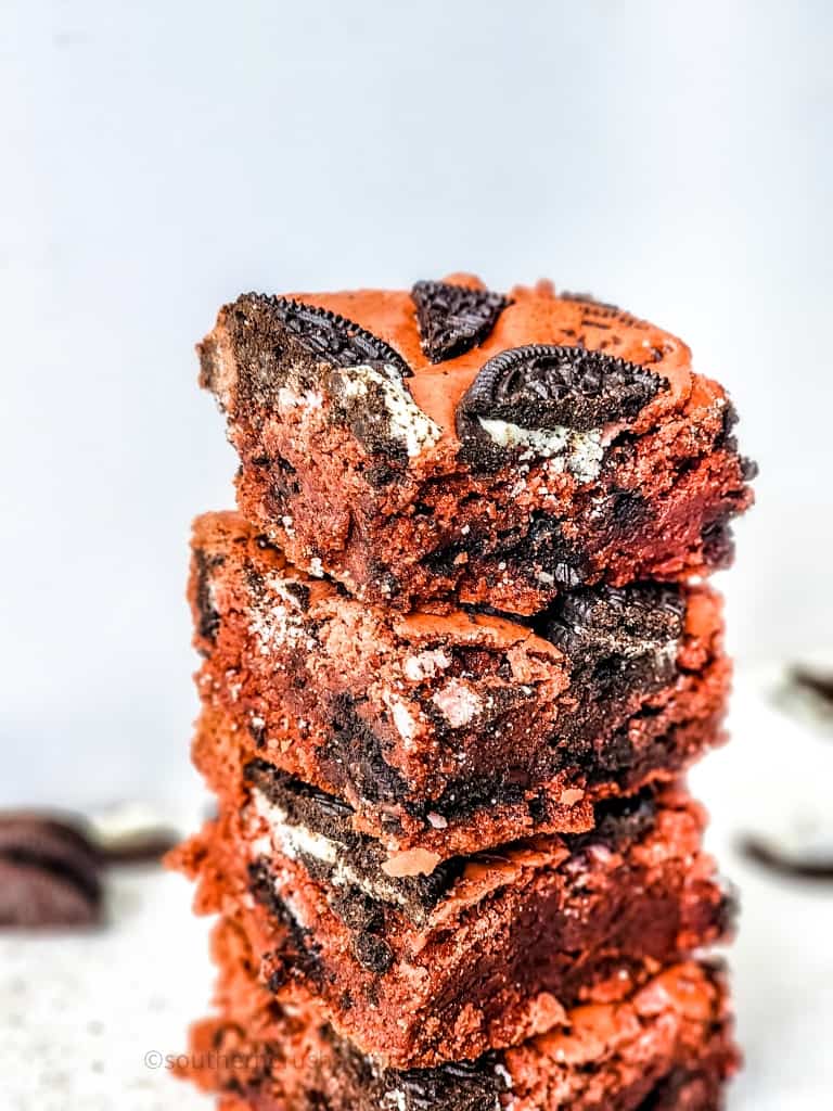 close up stack of oreo brownies