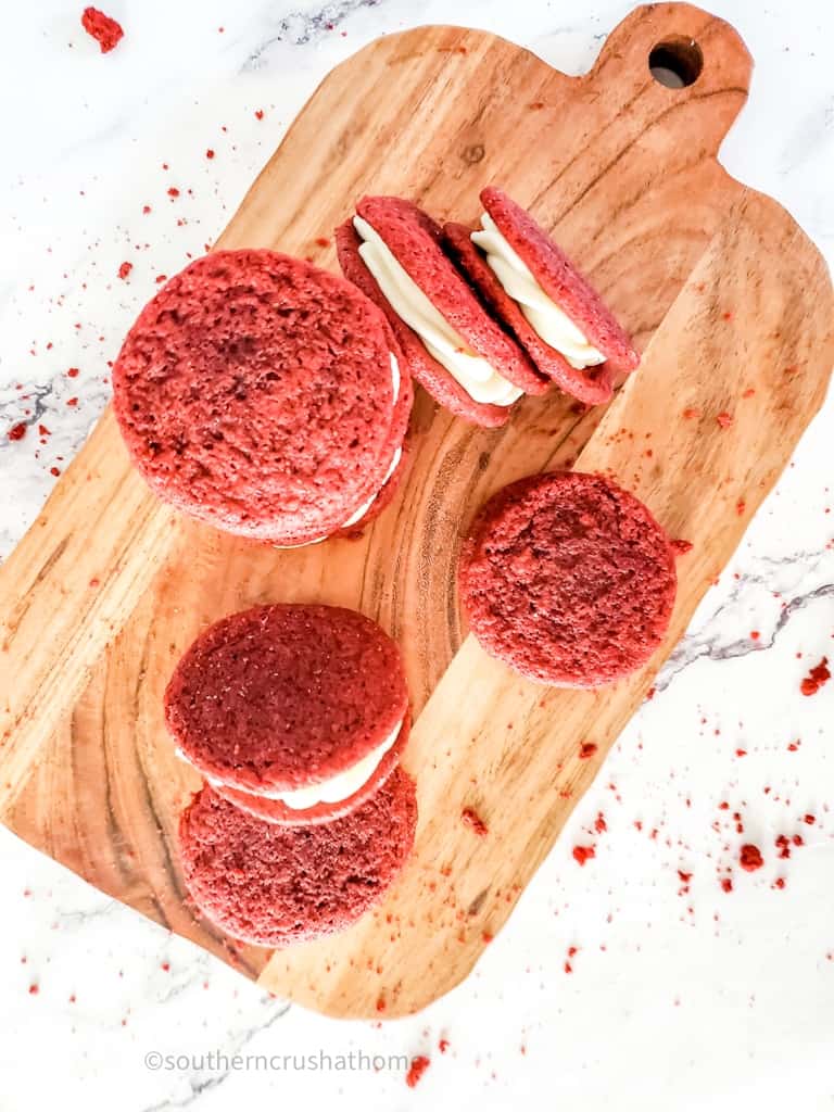 Red Velvet Whoopie Pies on cutting board