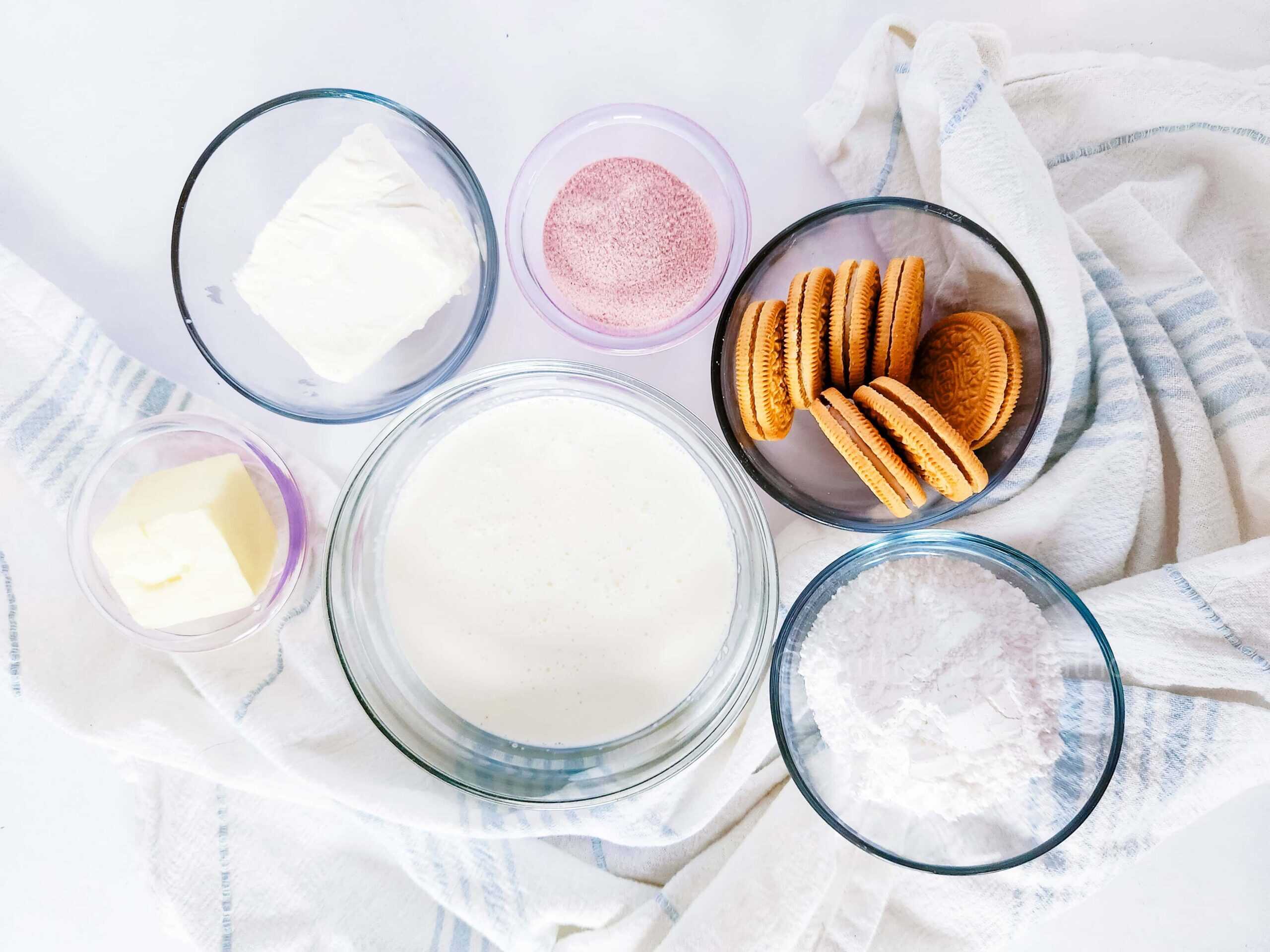 ingredients for frosting and topping for copycat crumbl strawberry cookies