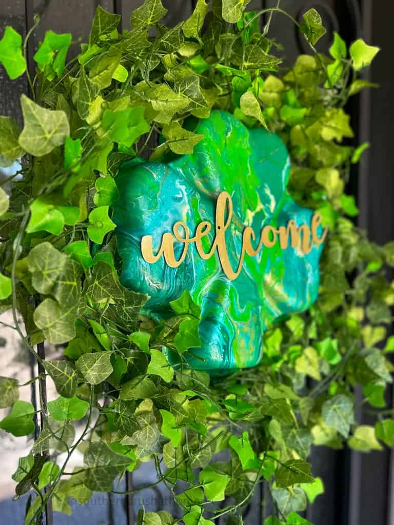 Acrylic Pour Painting on shamrock spring wreath