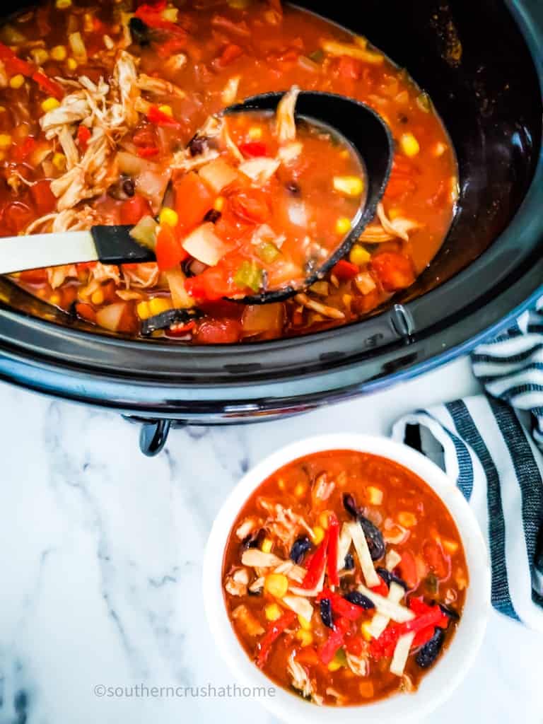 serving Chicken Taco Soup from crockpot