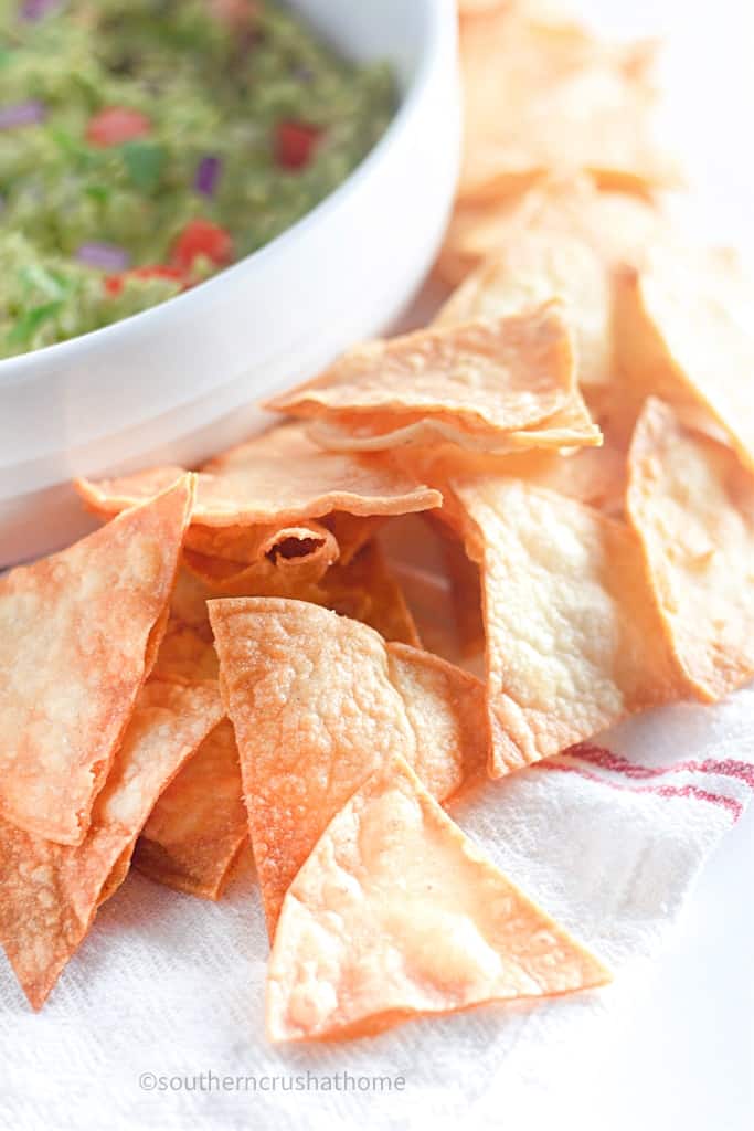 close up of fried homemade corn tortilla chips