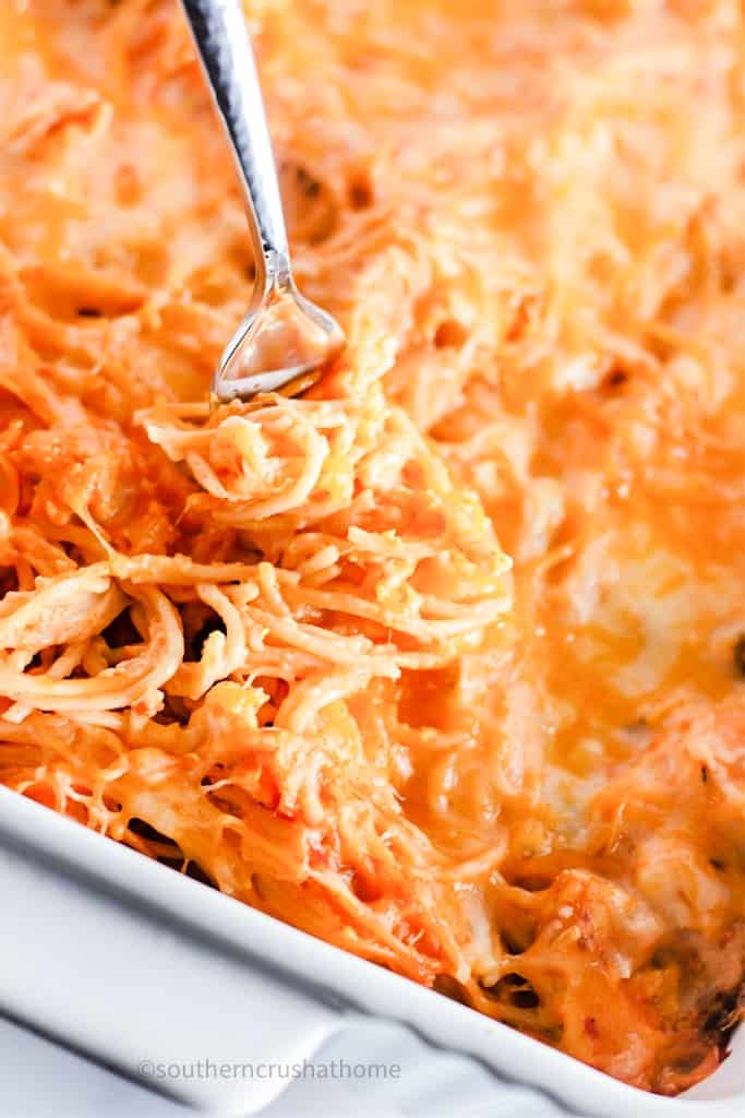 baked Taco Spaghetti on a fork twisting