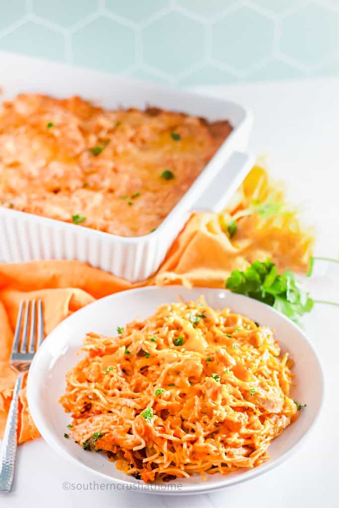 baked Taco Spaghetti in serving dish