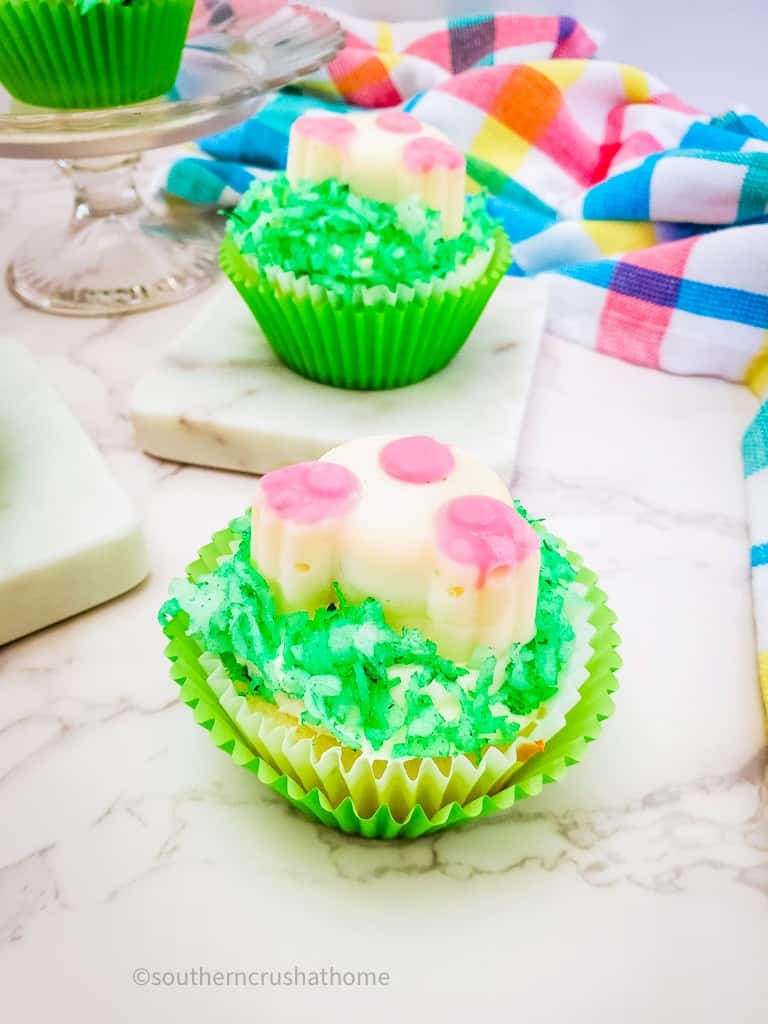 up close view of bunny butt easter cupcakes