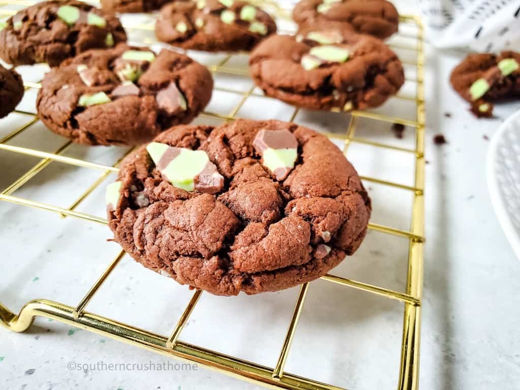 close up of cake mix chocolate cookies with mint chocolate chips