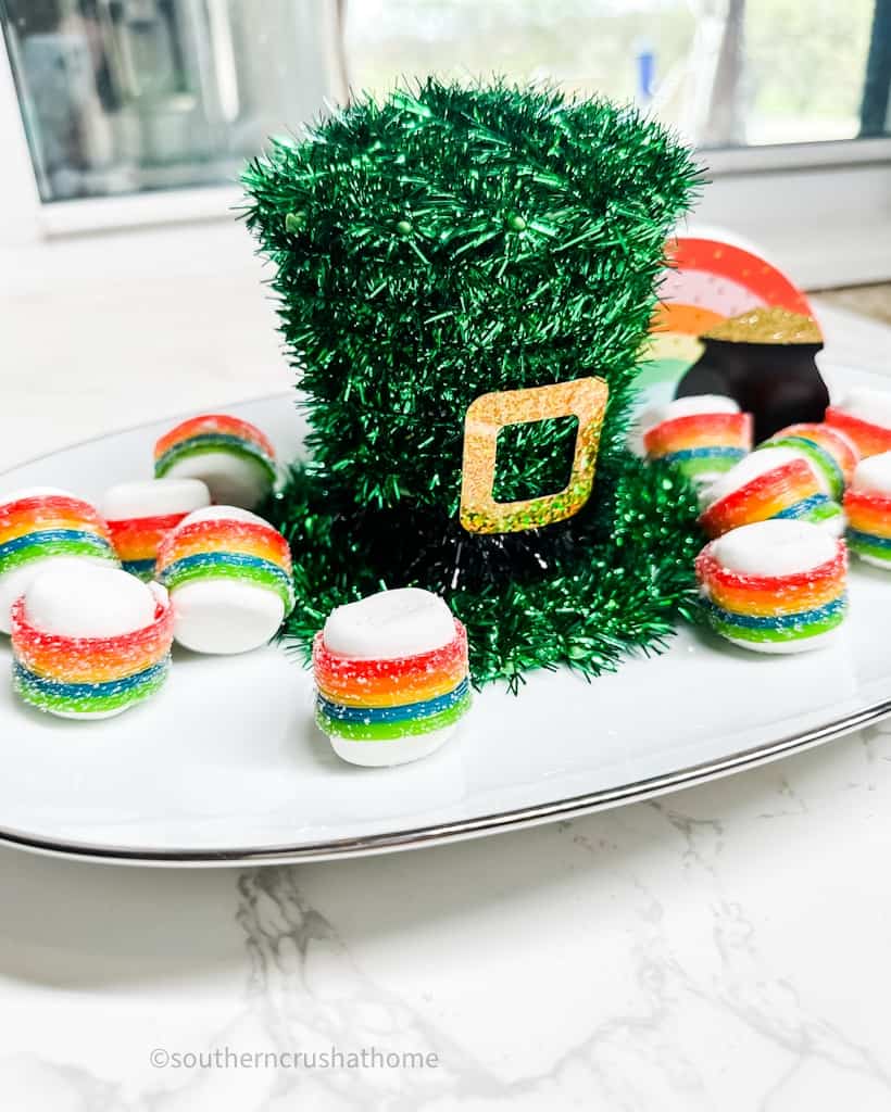 up close of platter of rainbow marshmallow treats