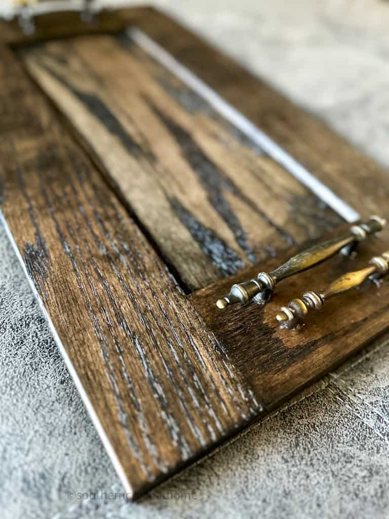 up close view of watco butcher block oil & stain on woodend ottoman tray