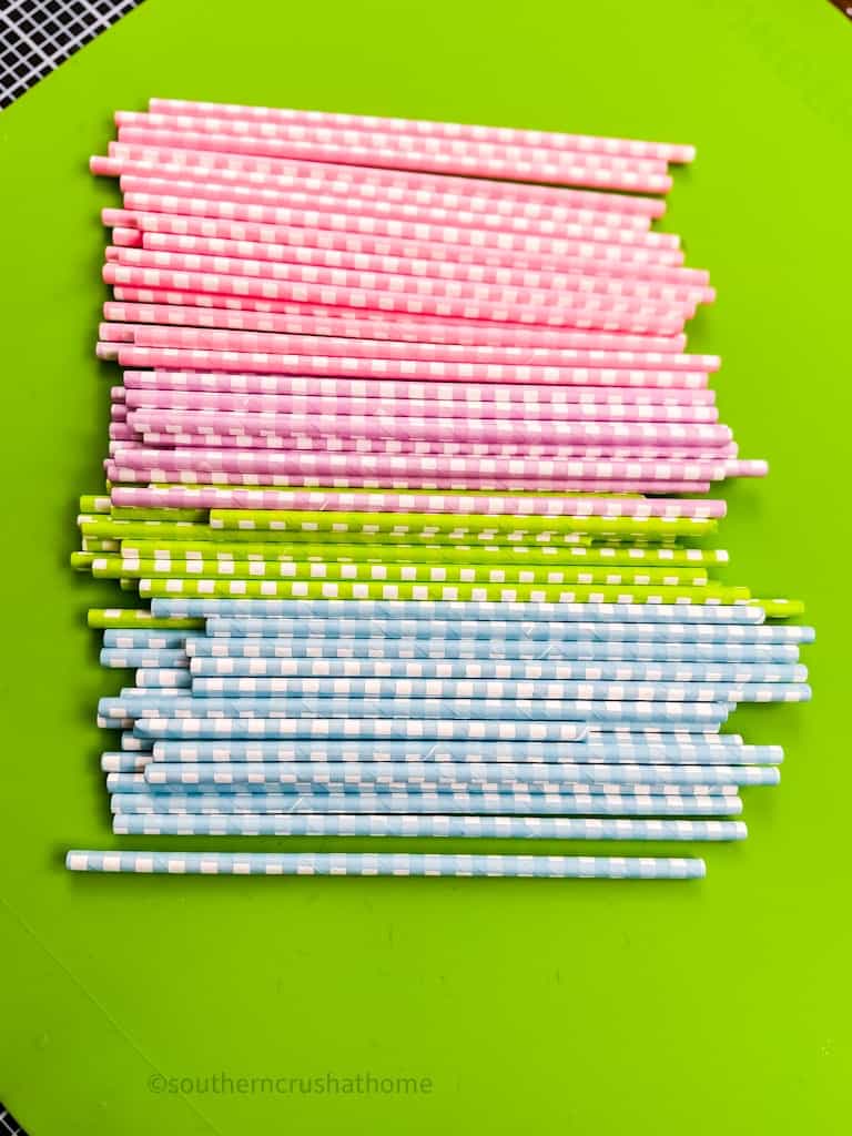 pastel buffalo check paper straws laid out by color
