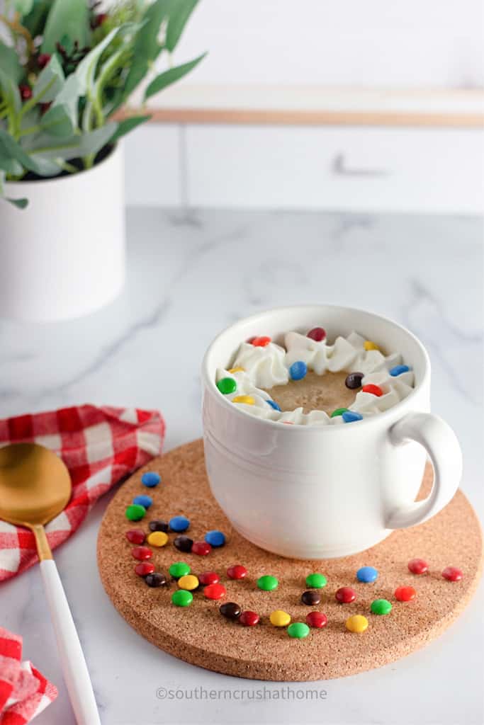 final image of vanilla mug cake with m&https://southerncrush.magnoliadesignco.com