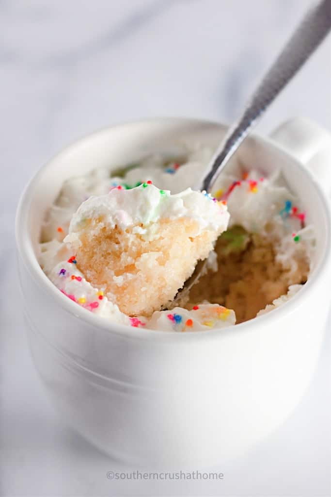 bite of mug cake on spoon