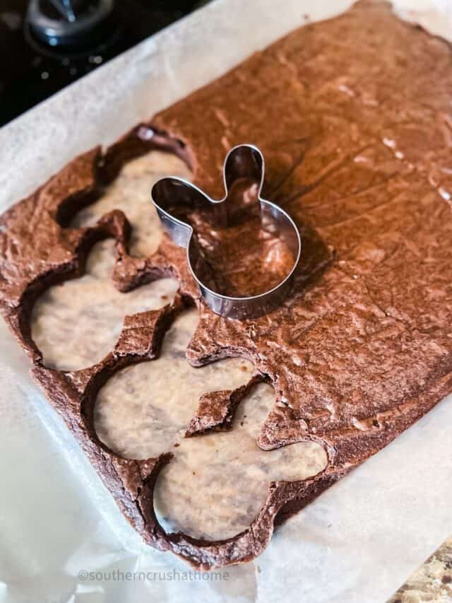 cutting out brownie bunnies with cookie cutter