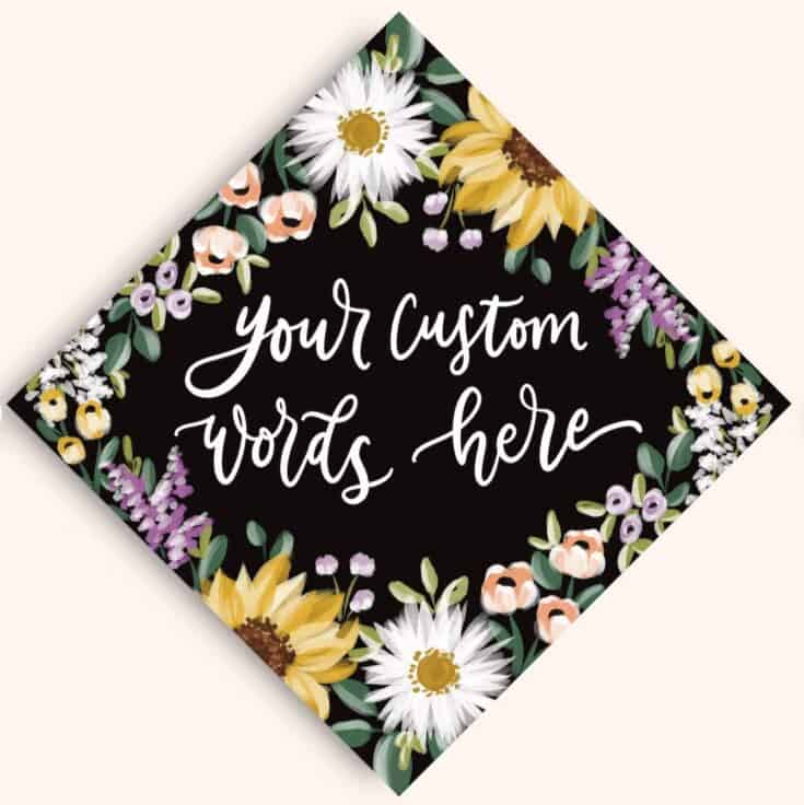 Image for Custom Graduation Cap, Rachel Floral (Sunflower, Greenery, Lavendar) Printed Graduation Cap Toppe...