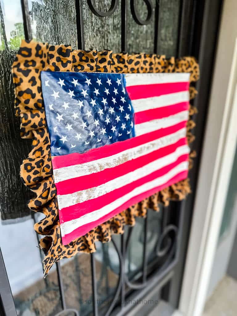 side view of patriotic front door decor