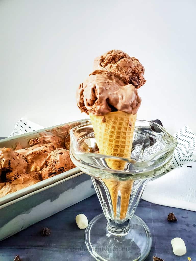 rocky road ice cream cone in sundae dish