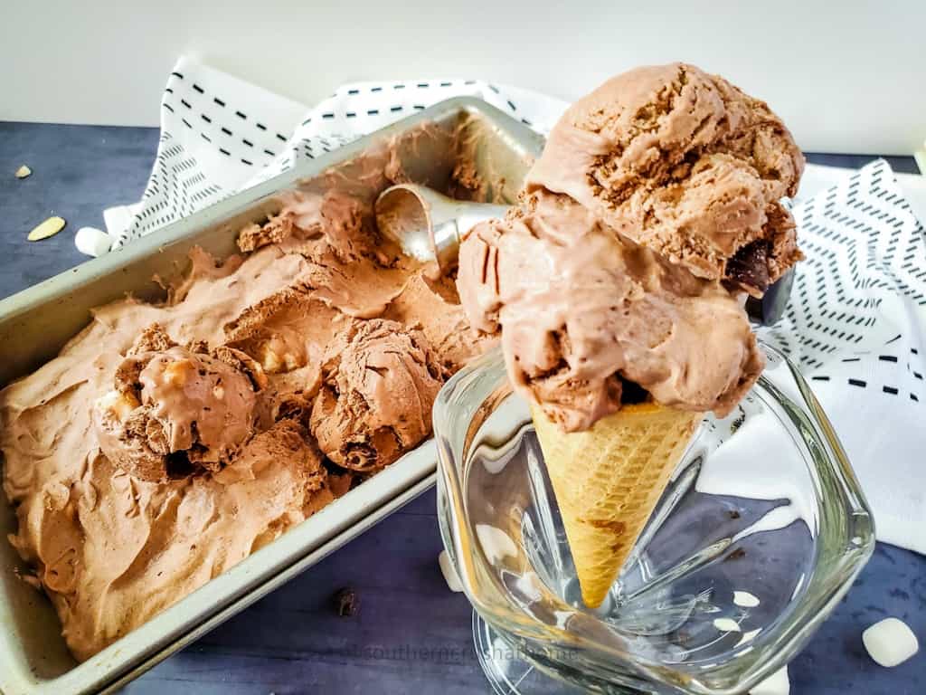 view of rocky road ice cream on cone