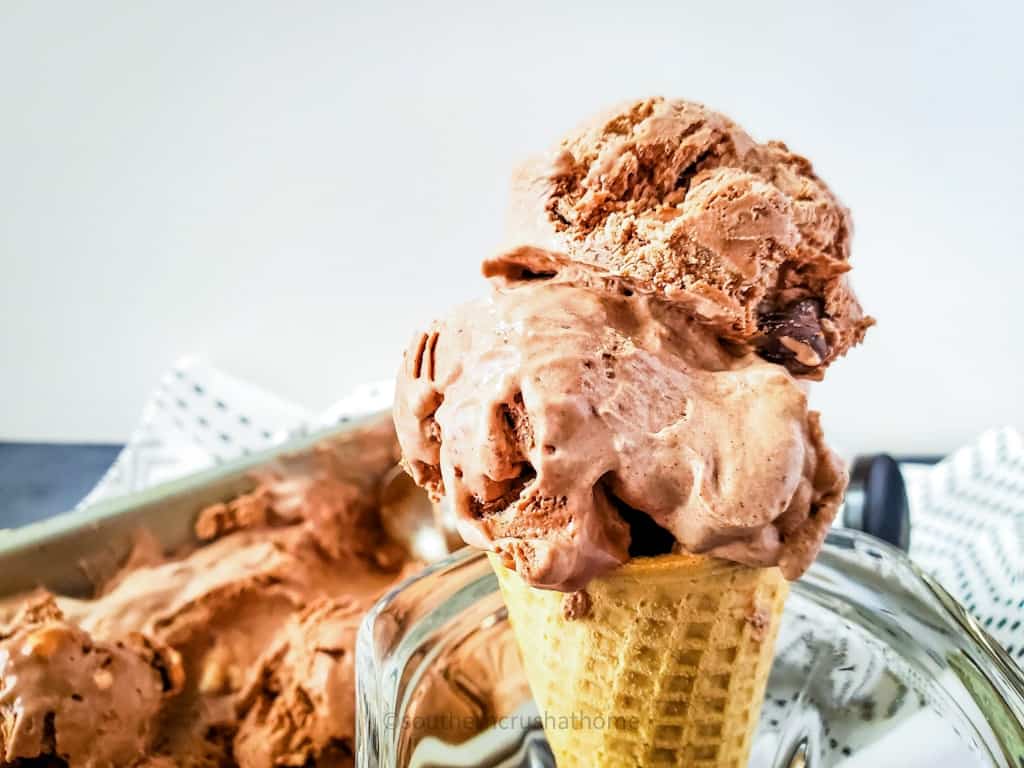 up close of double scoop of rocky road ice cream