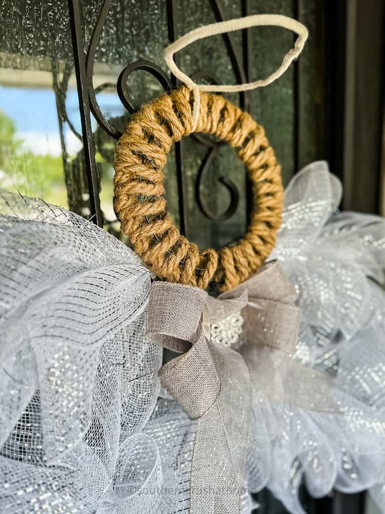 close up of Angel Wings Deco Mesh Wreath