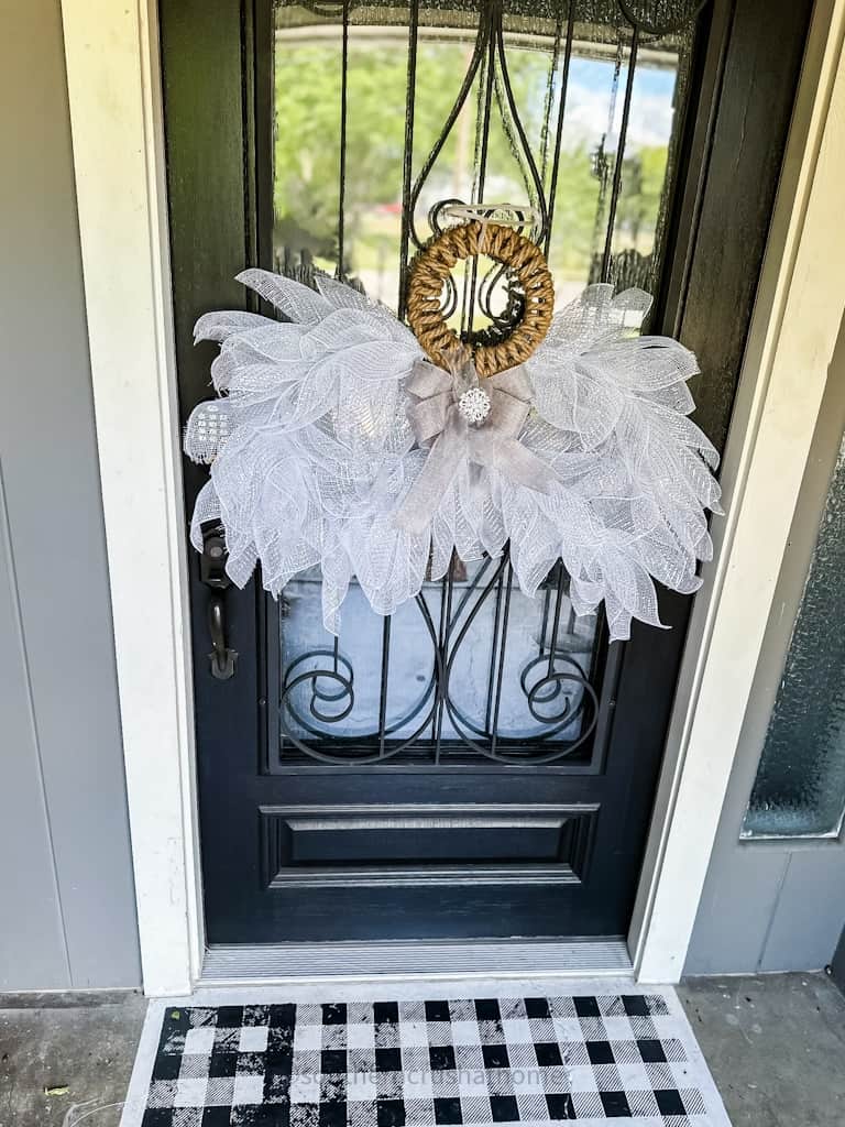 Angel Wings Deco Mesh Wreath on the front door as front door decor